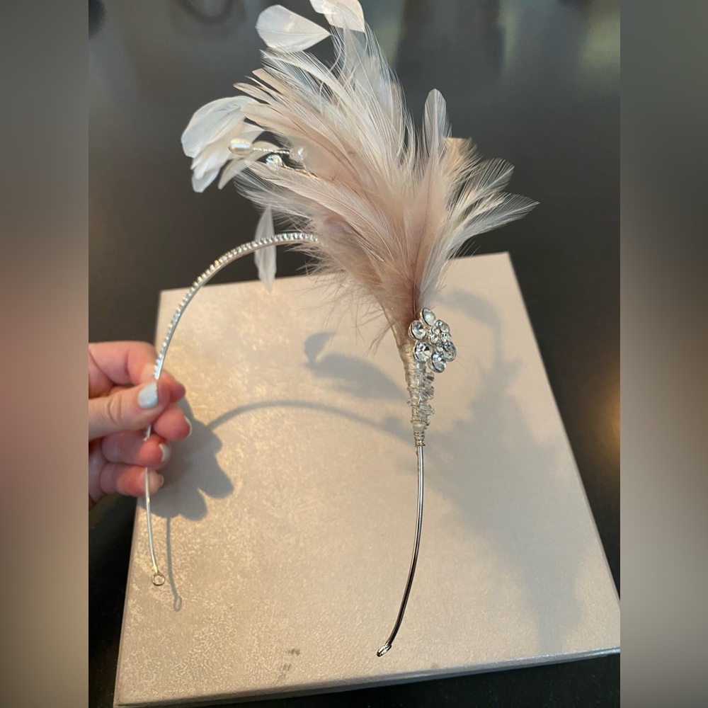 Crystal Flower Bridal Headband with pearls, rhinestones and feathers